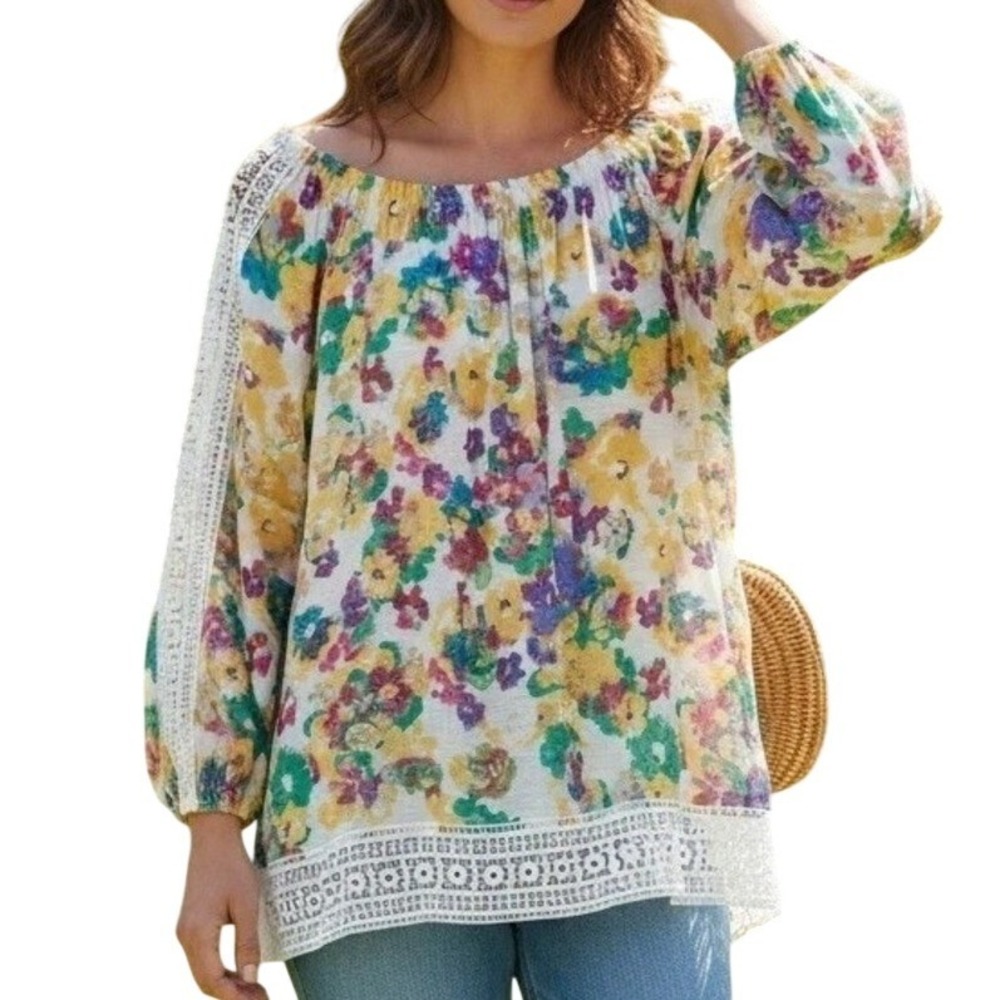 HOPE & HARLOW Floral Watercolor Off-Shoulder Top Crocheted Sleeves Women's Large